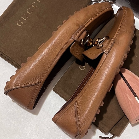 Authentic Gucci Leather Driving Shoes Loafers with Bamboo Horsebit Size 39 Tan - Picture 7 of 17